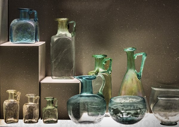 Glass vessels, 3rd-4th century, National Archaeological Museum, Villa Cassis Faraone, UNESCO World Heritage Site, important city in the Roman Empire, Aquileia, Friuli, Italy, Aquileia, Friuli, Italy, Europe