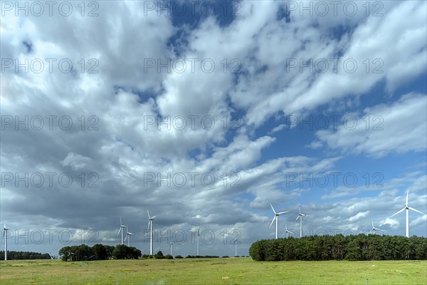 Wind turbines on the A 9 motorway, cloudy sky, Thuringia, Germany, Europe