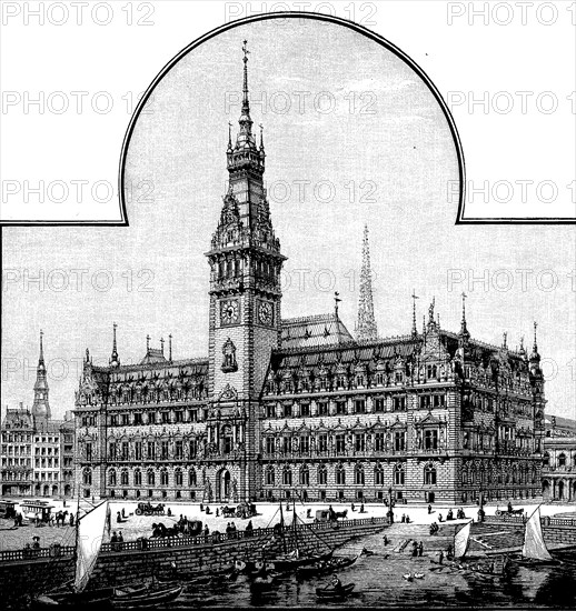 The design of the new town hall in Hamburg, Germany, 1890, Historical, digital reproduction of an original 19th century design, Europe