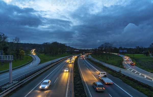 The Kaiserberg motorway junction, A40 motorway, Ruhr expressway, crosses the A3, bridge landscape, motorway bridges and railway bridges, called Spagetti junction, Duisburg, North Rhine-Westphalia, Germany, Europe