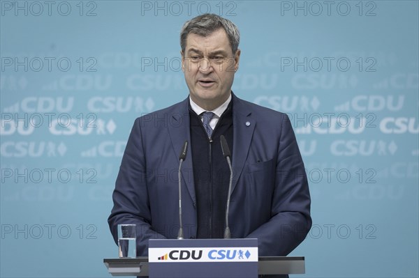 Markus Söder, Minister-President of Bavaria, at a press conference after the joint meeting of the CDU/CSU Presidiums on the European election programme in Berlin, 11 March 2024