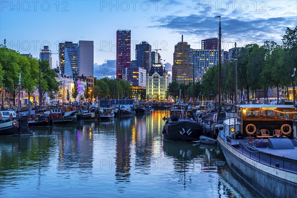 Rotterdam city centre, Oudehaven, historic harbour, The White House, historic office building, historic ships, modern city backdrop, Netherlands