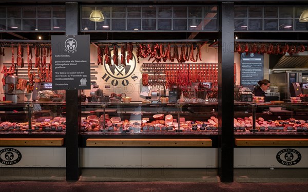 Meat products, sausage products, display, butcher's shop Hoos, Kleinmarkthalle, covered market hall, Frankfurt am Main, Hesse, Germany, Europe