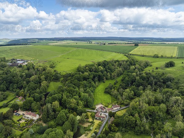 Farms and Fields over Rievaulx Village from a drone, North York Moors National Park, North Yorkshire, England, United Kingdom, Europe