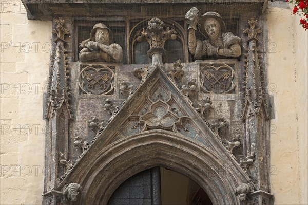 Detailed view of the staircase portal, 1408, Old Town Hall, Regensburg, Upper Palatinate, Bavaria, Germany, Europe