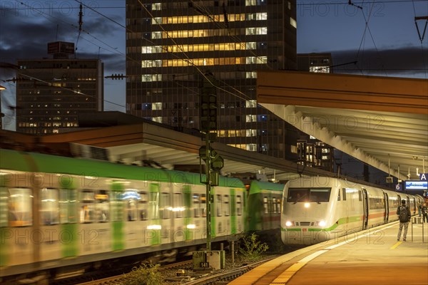 Railway station, ICE train and S-Bahn, on the platform, Essen, North Rhine-Westphalia, Germany, Europe