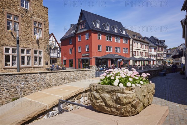 Town centre and pedestrian zone with houses and buildings made of sandstone in Bad Münstereifel, Eifel, Euskirchen district, North Rhine-Westphalia, Germany, Europe