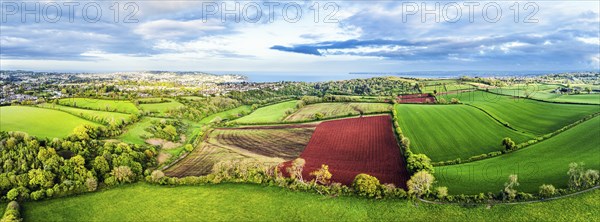 Panorama of Fields and Farms over Torquay from a drone, Devon, England, United Kingdom, Europe