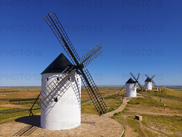 Traditional windmills in an open field under a clear blue sky, Mills, Alcazar de San Juan, PaÃs de Quijote, Ciudad Real, Castilla-La Mancha, Spain, Europe