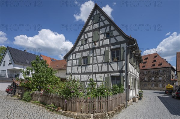 Historic half-timbered house with cottage garden, Forchheim, Upper Franconia, Bavaria, Germany, Europe
