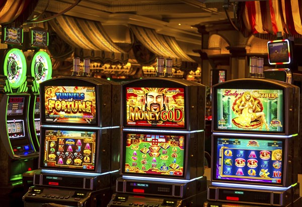 Las Vegas, Nevada, USA-March 10, 2019: Casino machines in the entertainment area at night waiting for gamblers to come, play and bet
