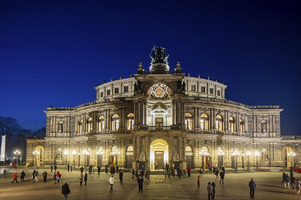 Semperoper am Theaterplatz with King Johann monument in the evening, Dresden, Saxony, Germany, Europe