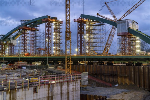 New construction of the Karl Lehr Bridge in the port of Duisburg-Ruhrort, over the Ruhr and the port canal, important connection of the port to the A40 motorway, after completion of the new arch bridge it will be moved to the new bridge piers, Duisburg, North Rhine-Westphalia, Germany, Europe