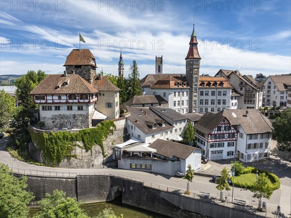 Aerial view, townscape, city centre, old town of Frauenfeld, with the Frauenfeld castle and the town hall, in front the river Murg, canton Thurgau, Switzerland, Europe