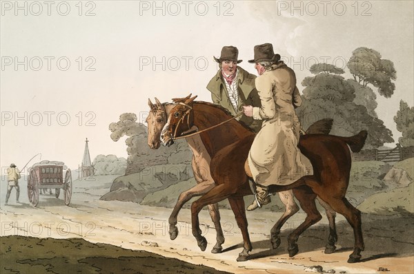 Scene from everyday life in England around 1810, rich farmers on their horses chatting, historical, digitally restored reproduction from a 19th century original, date unknown