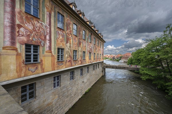 Old town hall in the centre of the Regnitz with new painting by Anton Greiner around 1960, Bamberg, Upper Franconia, Bavaria, Germany, Europe