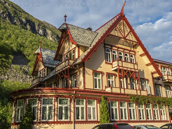 Union hotel in Oye, historical wooden hotel in the alpine mountain range of valley Norangdal, Sunnmore region, Norway, Europe