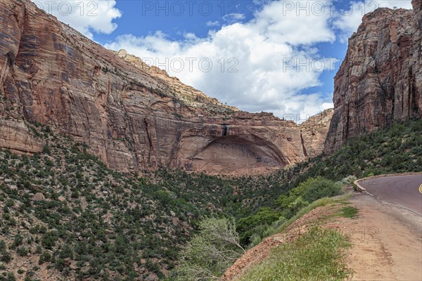 Blind arch on the side of a mountain cliff along the Zion Park Boulevard in Zion National Park, Utah