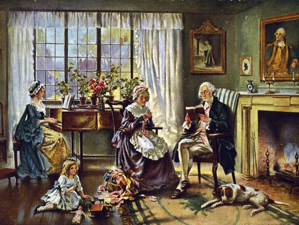 George Washington (1732-1799) First President of the United States of America (1789-1797) . Washington at home with his family. After a painting by Edward P. Moran (1862-1935)