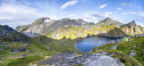 Panorama, mountain landscape with lake Tennesvatnet and Fjerddalsvatnet, at sunrise, in the back peak of Hermannsdalstinden, Moskenesoya, Lofoten, Nordland, Norway, Europe