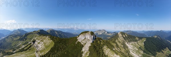 Drone shot, panorama shot, mountain landscape, Gruberhorn with Regenspitz, Osterhorngruppe, Salzkammergut, Land Salzburg, Austria, Europe