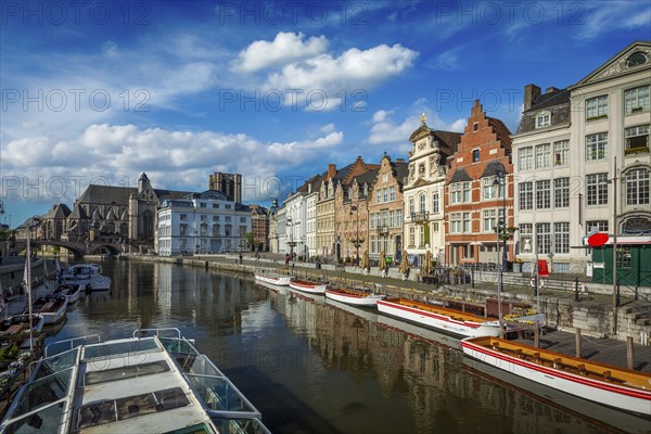 Travel Belgium medieval european city town background with canal. Koperlei street, Ghent, Belgium, Europe