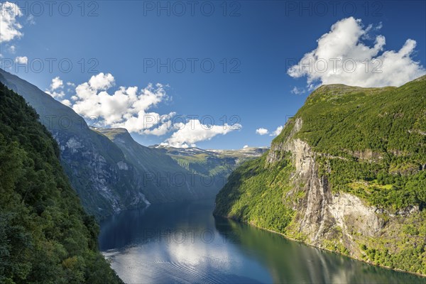 View of Geirangerfjord from Skagefla mountain farm, near Geiranger, More og Romsdal, Norway, Europe