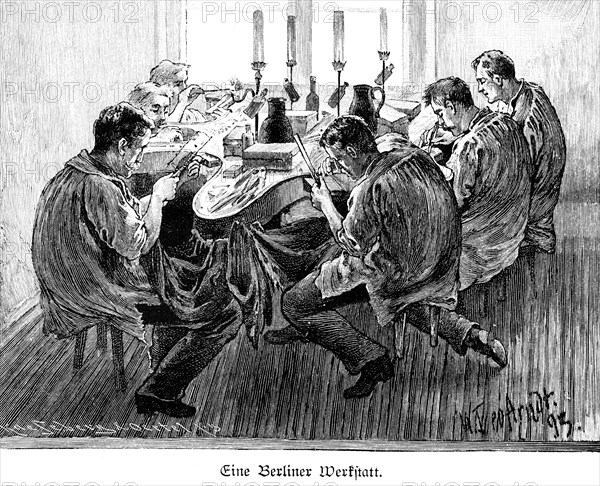 Berlin workshop, Berlin, worker, room, filing, tool, handwork, sitting, men, table, economy, Germany, historical illustration around 1989, Europe