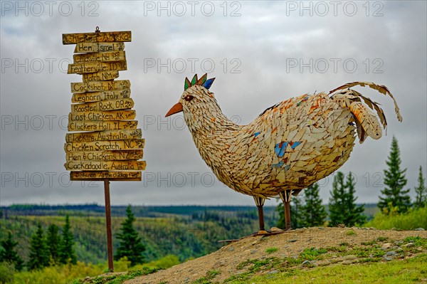 In the centre of Chicken, Top of the World Highway, with chicken-related signs worldwide, Interior Alaska, Alaska, USA, North America