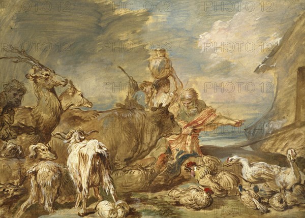 Noah leading the animals into the ark, Noah's ark was, according to the biblical Book of Genesis, a buoyant box built by the patriarch Noah, c. 1660, painting by Giovanni Benedetto Castiglione, Historic, digitally restored reproduction from an original of the period