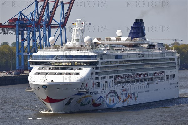 Cruise ship Norwegian Star of the shipping company Norwegian Cruise Line enters the port of Hamburg on the river Elbe, Hamburg, Germany, Europe