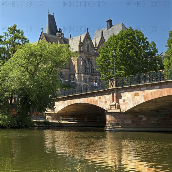 Pedal boat on the river Lahn with the Old University and the Weidenhäuser Bridge, Marburg, Hesse, Germany, Europe