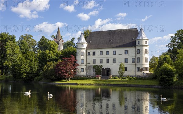 Drone shot, Renaissance castle, Hagenau Castle, Mattig estuary, Sankt Peter am Hart, Innviertel, Upper Austria, Austria, Europe