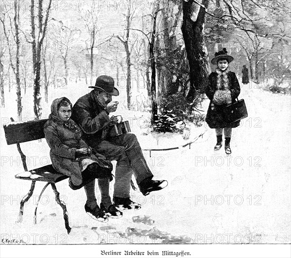 Berlin worker having lunch, Berlin, winter, snow, cold, park, bench, man, child, daughter, woman, walk, way, sitting, poverty, thrift, Germany, historical illustration around 1989, Europe