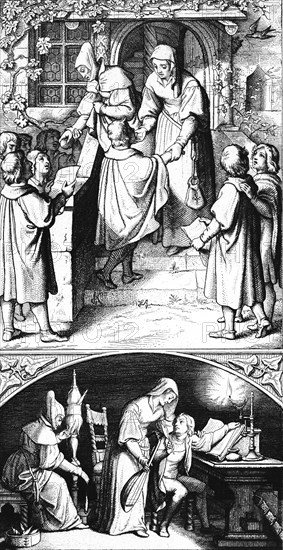 Martin Luther singing as a current student at the door of Mrs Ursula Gotta in Eisenach 1498 (above), Luther in the house of his future foster mother Mrs Gotta, Germany, front door, stairs, singer, children, room, candle, wool, spindle, spinning, lute, 15th century, historical illustration c. 1860, Europe