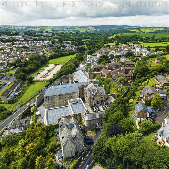 Bodmin Jail and Bodmin Luxury Hotel from a drone, Bodmin Moor, Cornwall, England, UK