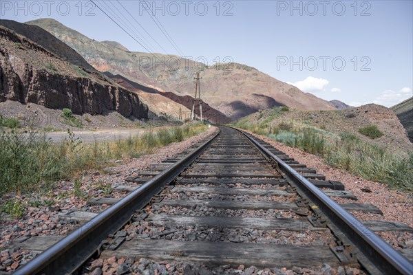 Train line, railway tracks, Chuy Province, Kyrgyzstan, Asia