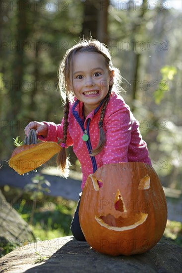 Girl playing with a Halloween pumpkin, in nature, child in autumn, Upper Bavaria, Bavaria, Germany, Europe