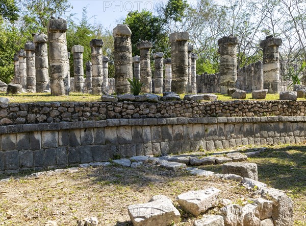 Stone columns Temple of the Warriors, Templo de los Guerreros, Chichen Itza, Mayan ruins, Yucatan, Mexico, Central America