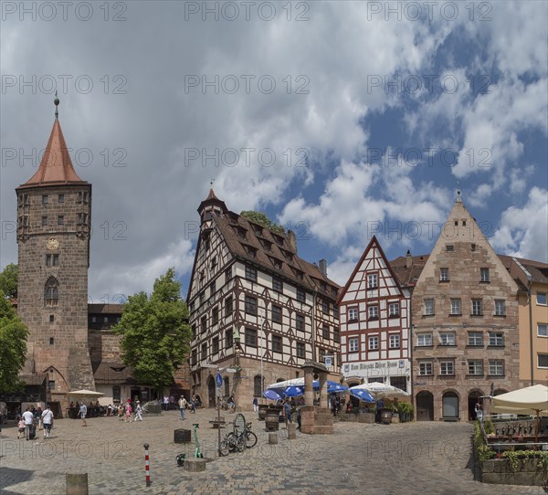 Historic Tiergärtnertorplatz with the Pilatus House and the Neutorturm, Nuremberg, Central Franconia, Bavaria, Germany, Europe