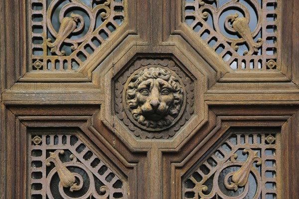 Dotternhausen Castle, Cotta's Castle, Dotternhausen Castle, historical building, aristocratic residence, architecture, detail, ornate wooden door, entrance front door, lion's head, Dotternhausen, Zollernalbkreis, Baden-Württemberg, Germany, Europe