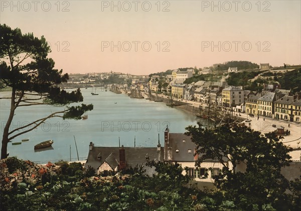 Panorama of Audierne in the Bretage, France, c. 1890, Historic, digitally enhanced reproduction of a photochrome print from 1895, Europe
