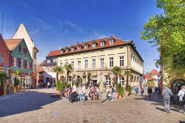 Bad Dürkheim, Germany, April 2021: Town square called römerplatz in historic city center of spa town on sunny day, Europe