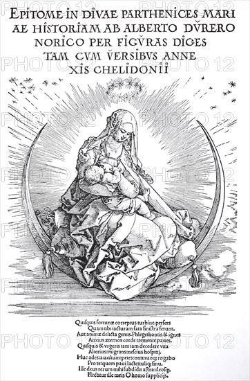 Title page to the Life of the Virgin in book form, the Virgin in Glory, woodcut by Albrecht Dürer, historical, digital improved reproduction of an old woodcut