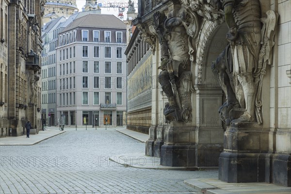 Dresden Corona time, the otherwise lively city centre of Dresden lies deserted in the Corona pandemic. Schlossplatz with Georgentor
