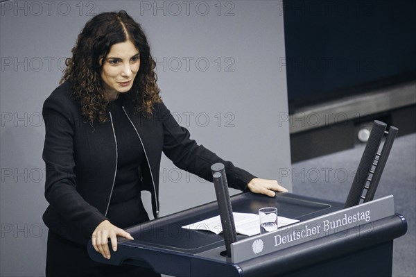 Jessica Tatti, BSW (Buendnis Sahra Wagenknecht) recorded during a speech on the topic of internal security in the German Bundestag in Berlin, 12/09/2024