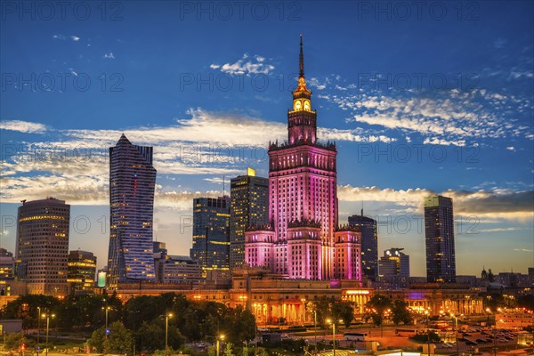 Early evening in Warsaw with the view on Palace of Science and Culture, Poland, Europe