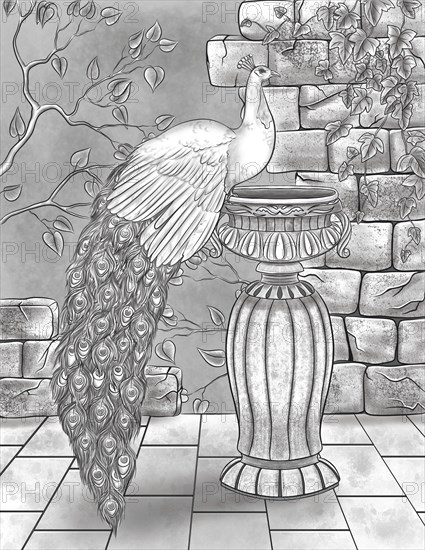 Beautiful Peacock Resting On Water Vase With Broken Walls And Vines