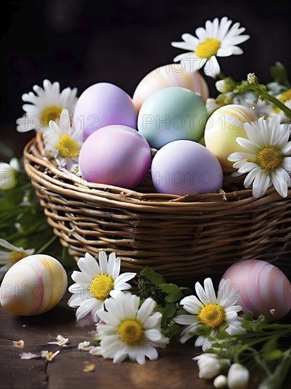 Pastel-colored Easter eggs in a wicker basket, surrounded by delicate spring flowers like daisies and violets, AI generated