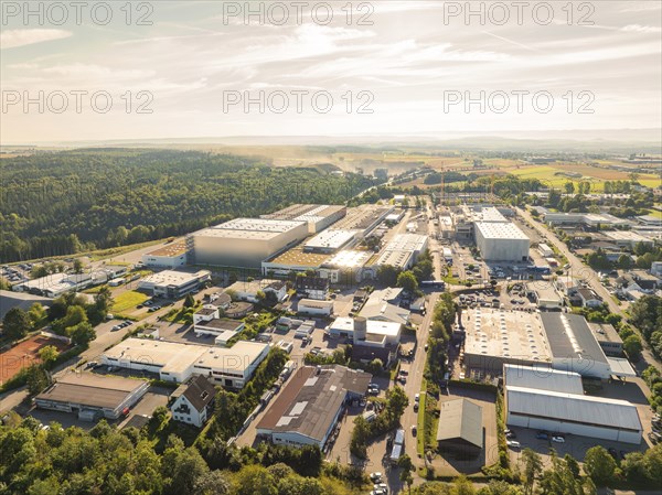 Industrial area with numerous buildings, streets and trees in a scenic setting under a clear sky, Wolfsberg industrial area, Nagold, Black Forest, Germany, Europe